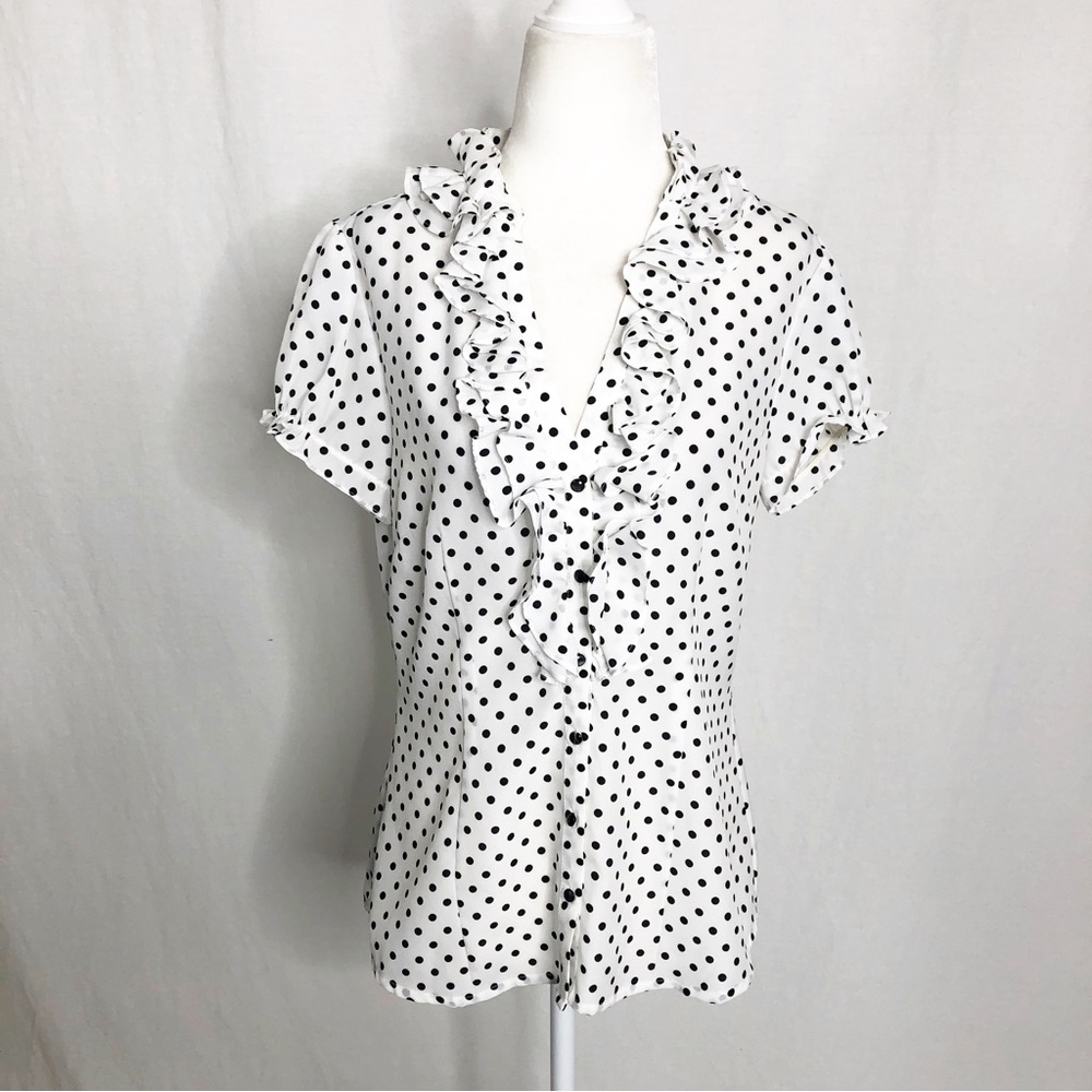 Blue Bell Black & White Polka Dot Ruffle Button Front Top Size M